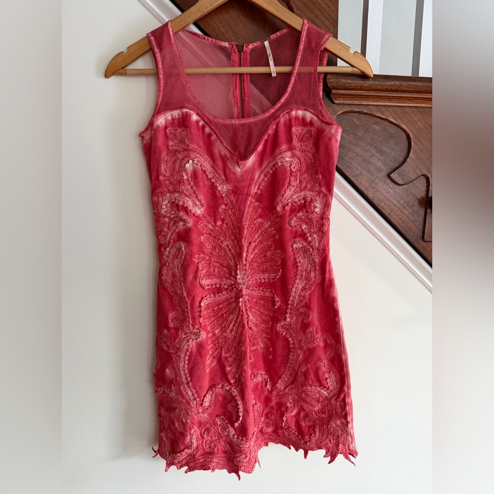 Free People Pink/Red Detailed Mini Dress- Size XS